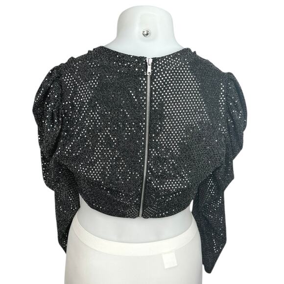 Fashion to Figure Leandra Black Puff Sleeve Metallic Sequin Ruched Crop Top Sz L - Picture 6 of 9